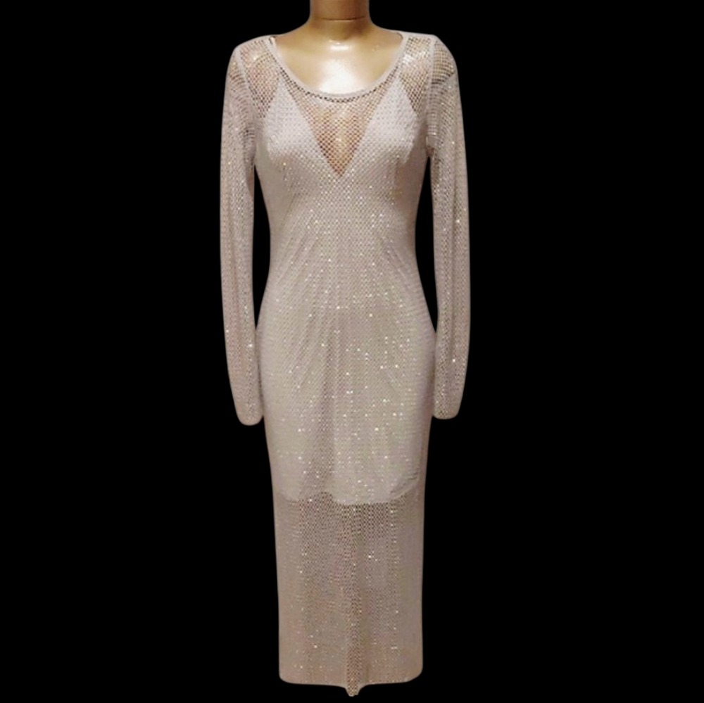 House of Harlow 1960 Silver Long Sleeve Studded Mesh Maxi Dress